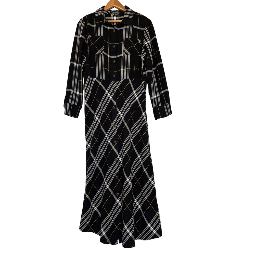 Chadwicks Womens Black Yellow Plaid Button Front Maxi Shirt Dress Size 14 Rayon